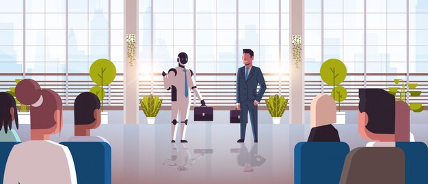 Vector robot and human businessmen discussing during conference meeting with businesspeople robotic character vs man standing together artificial intelligence technology concept full length horizontal