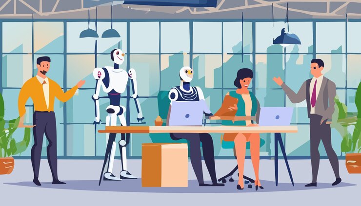 Vector robot and human characters in office artificial intelligence concept vector illustration in flat style