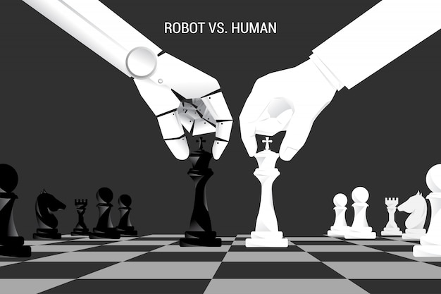 Robot and human hand move chess on board.