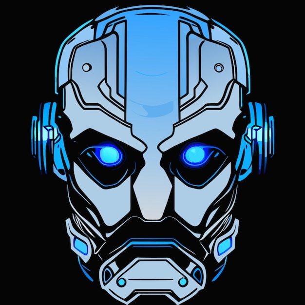 Vector robot humanoid face with blue glowing eyes on black background ai thinking brain artificial intellig