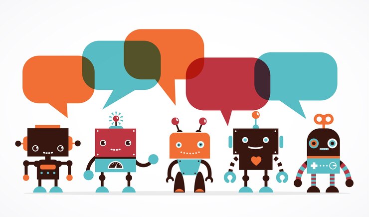 Vector robot icons and cute characters, with speech bubbles
