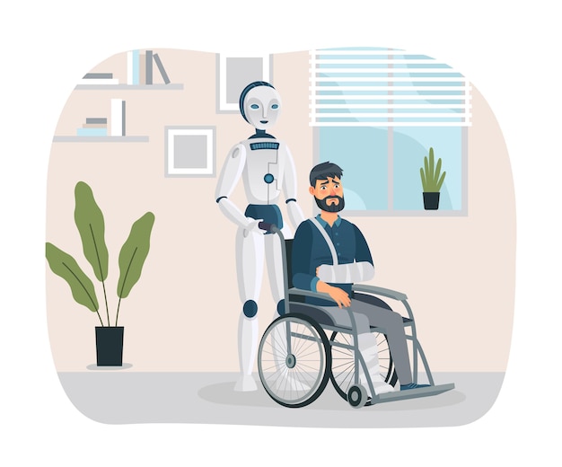 로봇은 장애인과 상호 작용합니다. 만화 사이보그는 휠체어에 팔과 다리 부상을 입은 사람을 밀고 있습니다.
