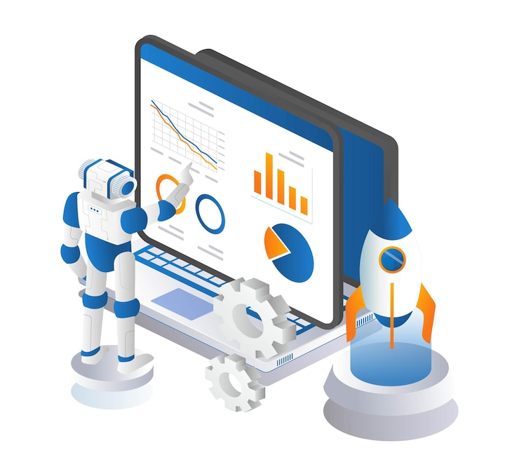Vector robot is analyzing rocket control