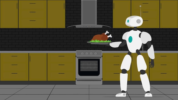 The robot is holding a metal tray with fried meat. robot waiter. the concept of future cafe workers. vector.