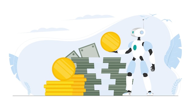 로봇이 돈을 들고 있습니다. 그의 손에 금화와 로봇 조수입니다. 돈의 산. 달러, 돈 다발, 금화. 벡터.