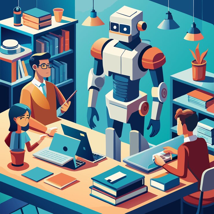Vector a robot joins a team of professionals working in a modern office
