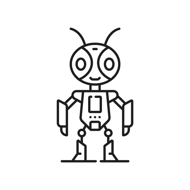 Robot line and outline icon Isolated vector linear metallic humanoid figure with antennas legs arms and futuristic elements representing technology automation and artificial intelligence