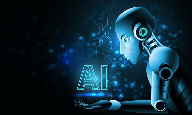 Robot man Kunstmatige intelligentie logo AI hand blauw circuit bokeh cyberspace futuristische technologie