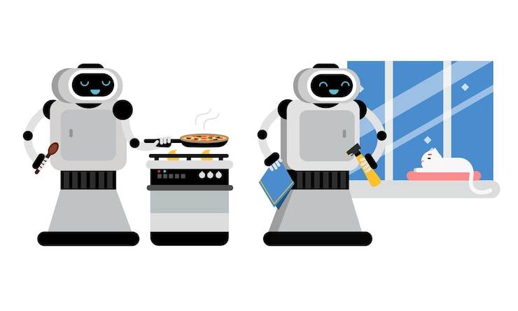 Vector robot managing household and performing domestic chores vector illustration set