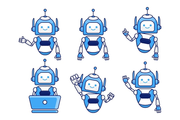 ロボット マスコット キャラクター ベクトル イラスト ロボット漫画ポーズ セット デザイン コレクション