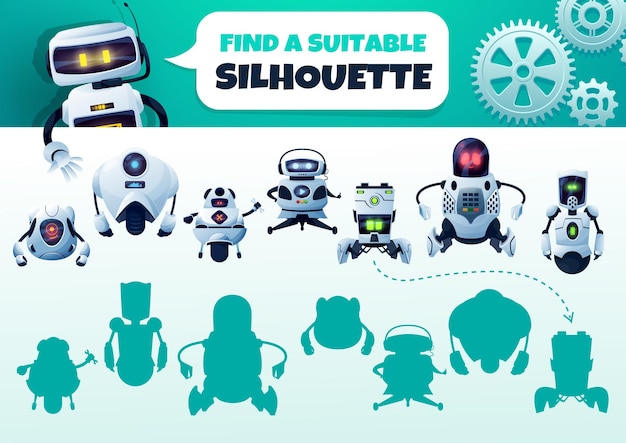 로봇 미로 게임은 정확한 실루엣을 찾습니다. 사이보그와 아이 그림자 일치 벡터 수수께끼입니다. 만화 안드로이드와 인공 지능 봇 캐릭터로 어린이 논리 테스트. 교육 아기 작업