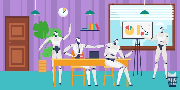 Vector robot meeting at flat modern office cyborg at desk design vector illustration robotic intelligence team have corporate communication