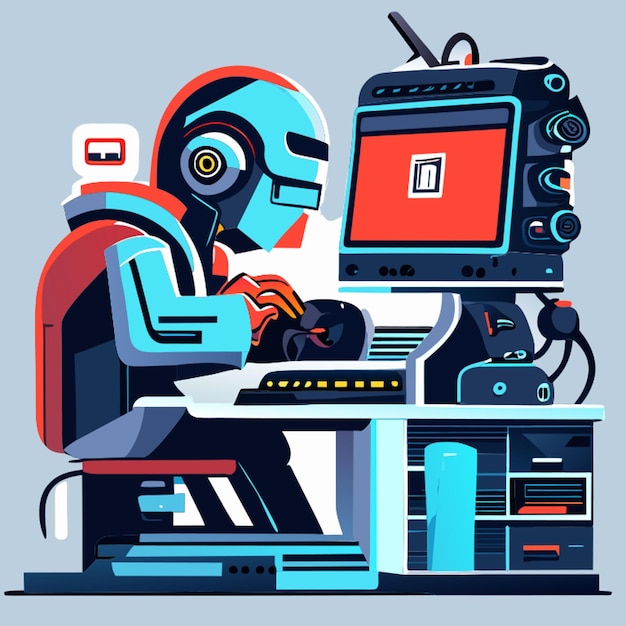 Vector robot operating computer vector illustration