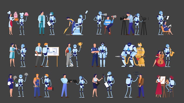 Vector robot and people on different job set. business and culinary occupation. futuristic technology, robotic industry.   illustration