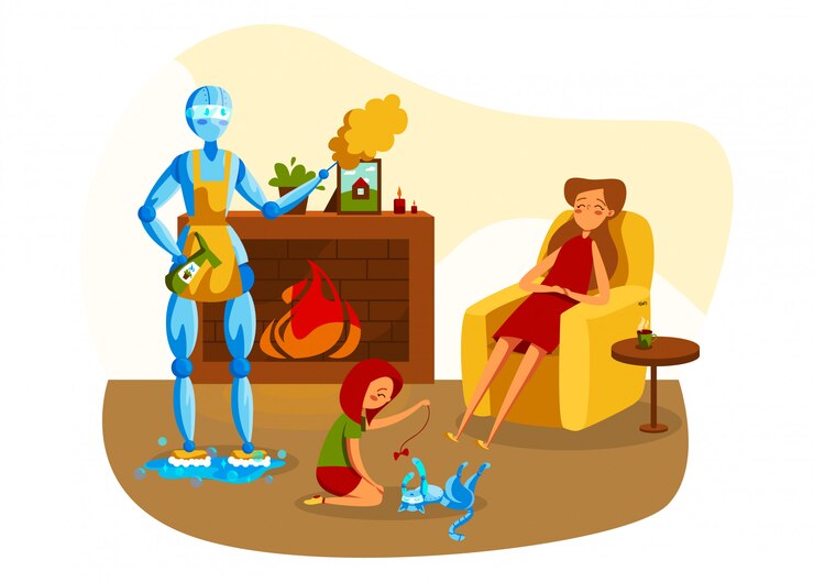 Vector robot and people  illustration, cartoon  machine character in apron doing homework, washing floor  on white