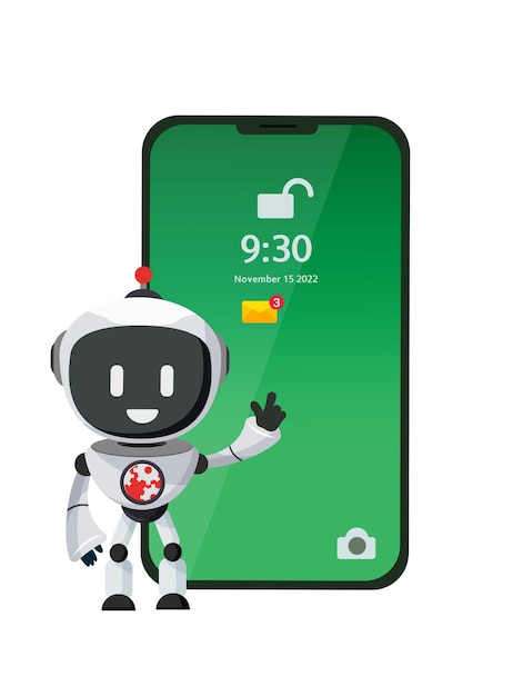 Robot phone security vector design. Mobile smart phone safety device lock update for privacy.