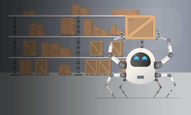 A robot picks up a box in a warehouse. large warehouse with wooden and cardboard boxes. vector.