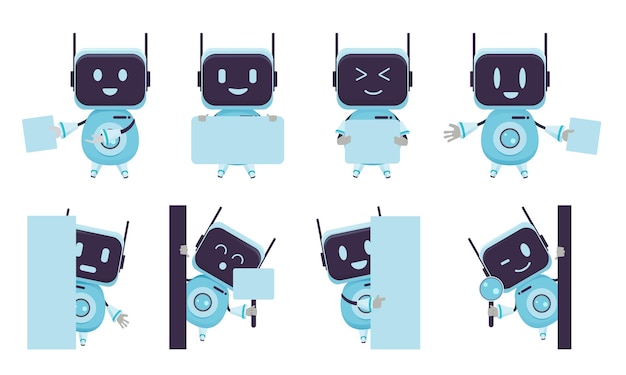 Robot presentation characters vector set. Robotic chat bot character with presenting and showing.