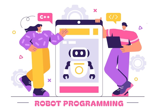 Robot Programming Vector Illustration Featuring an Artificial Intelligence Robot Interacting with a Digital Data Interface for Advanced Technology