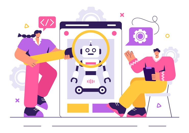 Vector 機器人編程向量插圖,顯示人工智能機器人與先進技術的數碼數據接口互動