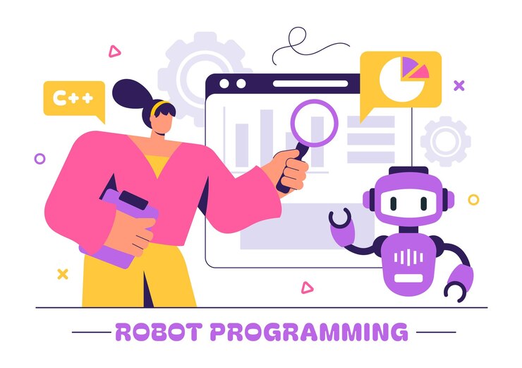 Vector robot programming vector illustration featuring an artificial intelligence robot interacting with a digital data interface for advanced technology