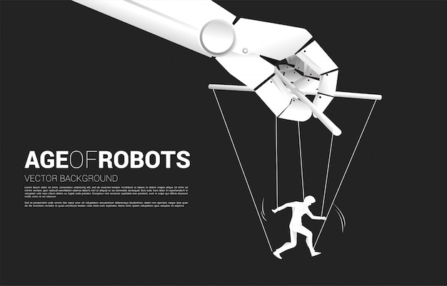 Robot puppet master controlling silhouette of businessman. concept of age of a.i. manipulation . human vs. machine.