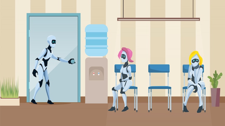 Vector robot queue in office corridor wait job interview