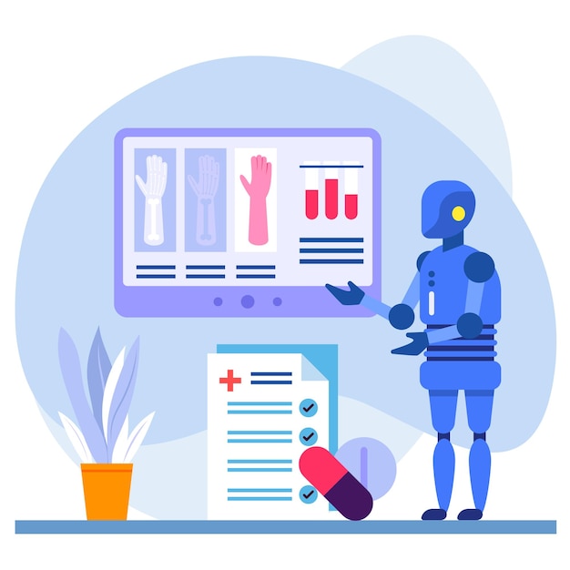 Vector robot radiologists analyzing  x-rays using deep learning vector, robotic medicine hospital scene