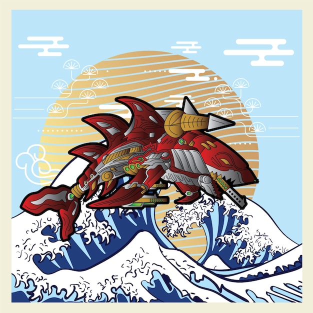 robot shark with retro japanese style background