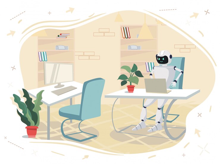 Vector robot sits at table in front computer in office.