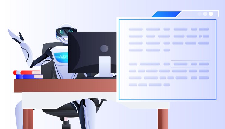 Вектор робот сидит за помощником чат-бота на рабочем месте с концепцией искусственного интеллекта онлайн-общения речевого пузыря