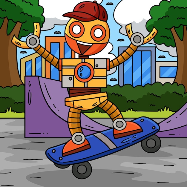 Vector robot skateboarding colored cartoon illustration