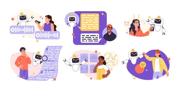 Vector 机器人 ai 人工智能 工作技术 qa 助理检查错误和搜索错误 gpt 聊天机器人人 电话聊天应用程序 人和安卓对话 矢量概念设置