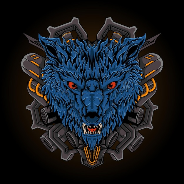 Vector robot style mecha wolf head illustration