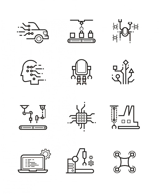 Robot technology and robotic machinery line icons. 