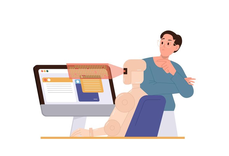 Vector 흰색으로 격리된 컴퓨터 벡터 그림에서 로봇 테스터 검사 검색 및 프로그램 버그 웹 서비스 실수 소프트웨어 오류 찾기 품질 보증의 인공 지능