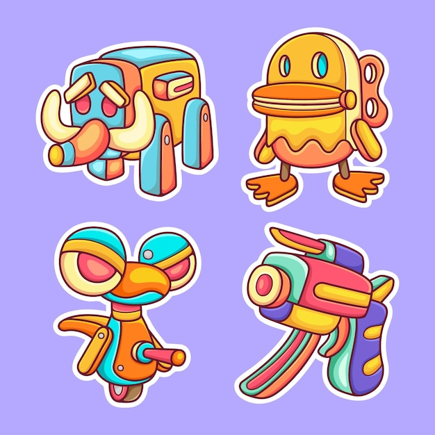 Robot toys sticker icons hand drawn coloring vector