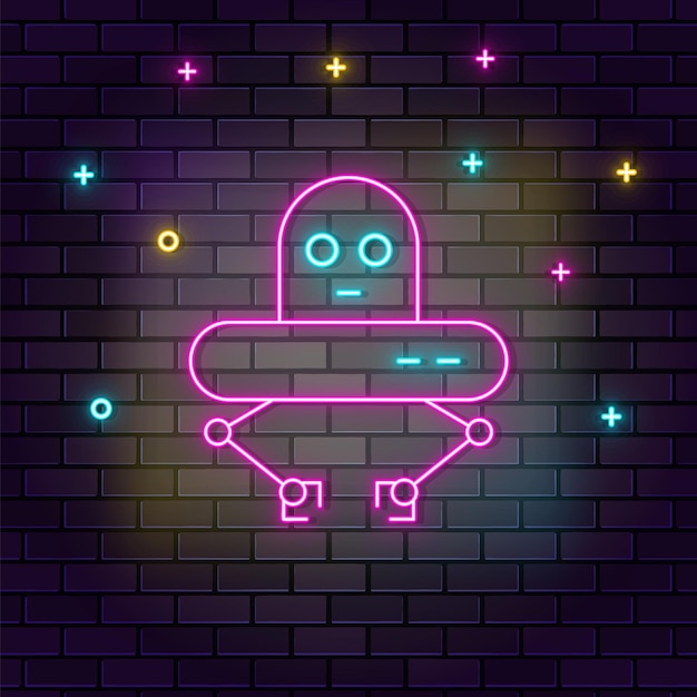 Robot ufo icon neon on wall Dark background brick wall neon icon