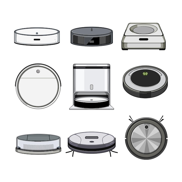 robot vacuum cleaner set cartoon automatic hair appliance black woman household robot vacuum cleaner sign isolated symbol vector illustration