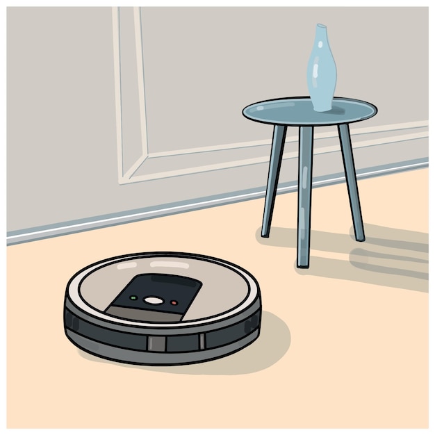 Vector robot vacuum cleaner vector cartoon flat illustration cozy room with table and vase