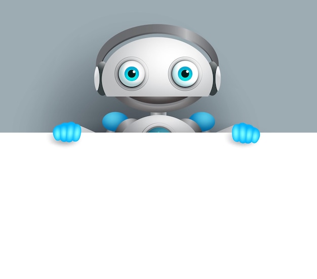 Vector robot vector character with a friendly smile holding blank white board for text