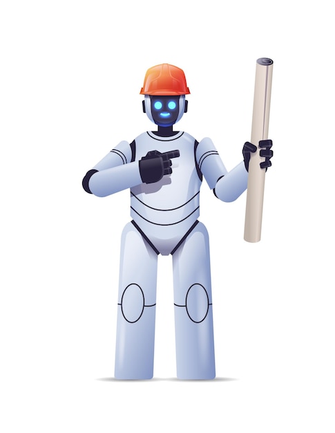 robot voorman ingenieur in veiligheidshelm met bouwtekeningen moderne robot architect met blauwdrukken kunstmatige intelligentie technologie