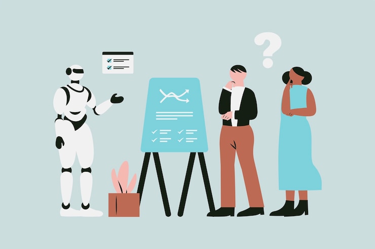 Vector robot vs human in business analysis ai advantages vector illustration