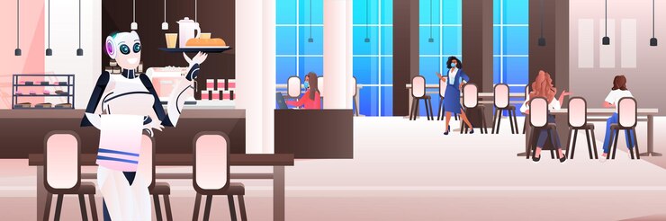 Vector robot waiter serving food to visitors in restaurant artificial intelligence technology concept modern cafe interior