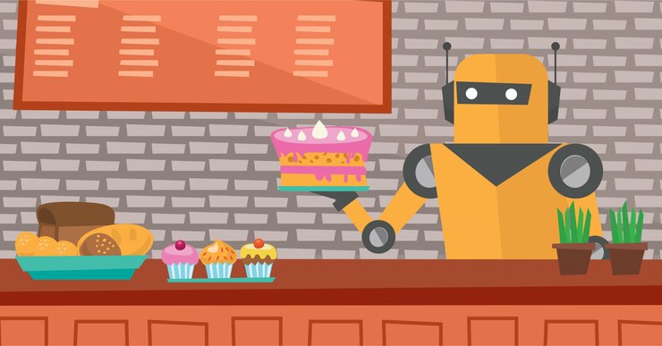 Vector robot waiter working at pastry shop.