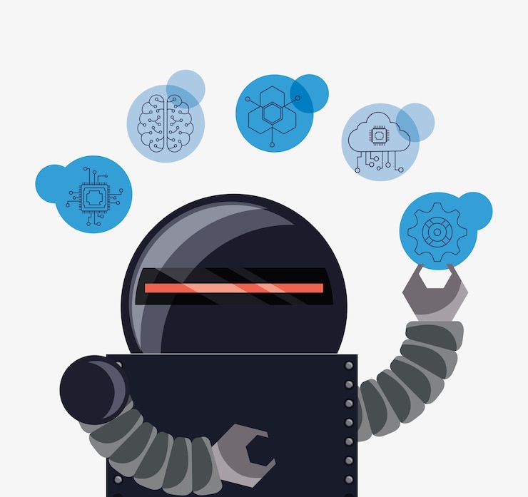 Vector robot with artificial intelligence related icons
