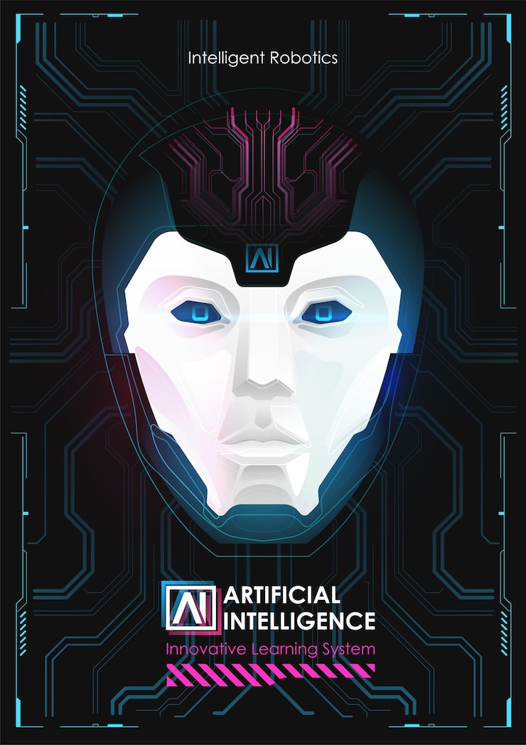 Vector robot with artificial intelligence working with virtual interface. big data. ai concept. robot face. cyber mind. technology background concept.