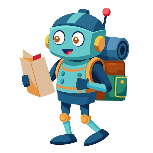 A robot with backpack and map