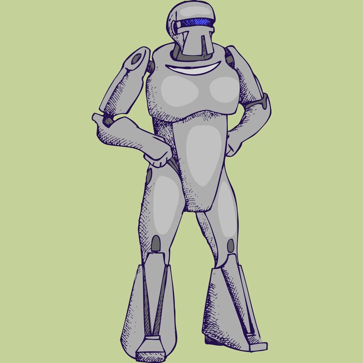 Vector a robot with a blue helmet stands in front of a green background.