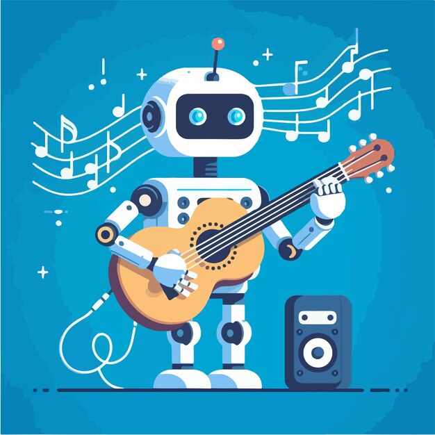 Vector a robot with a guitar and a musical instrument